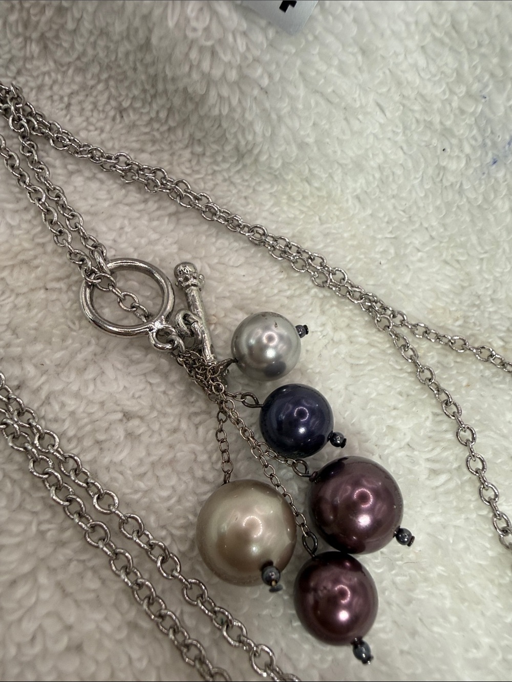 Multi-Pearl Drop Necklace in Silver-tones with Cream, Purple and Blue Pearls